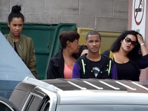 Lamar Odom's children Lamar, Jr. (FRONT CENTER) and Destiny Odom (FAR LEFT) arrive with their mother Liza Morales (FAR RIGHT) to visit Lamar at the Sunrise Hospital.