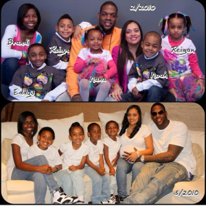 (TOP) Patrice Curry and Eddy Curry with 6 out of 7 of their collective children. (BOTTOM) The Curry family with 5 out of their 7 collective children.