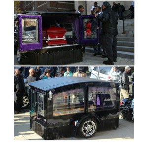 Tyshawn's casket carried away by black chariot. 