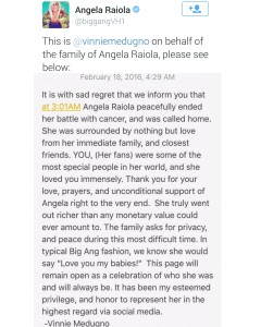 Big Ang Family Death Statement