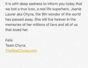 Statement released from Chyna's team via her Twitter page. 